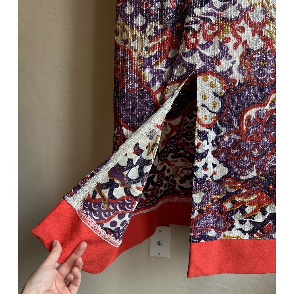 Vintage 1970s Metallic Paisley Maxi Dress M Red Empire Psychedelic Evening Gown - Picture 8 of 11